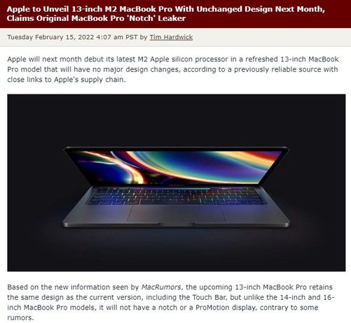 曝苹果下月发布13英寸M2 MacBook Pro 没有刘海屏 