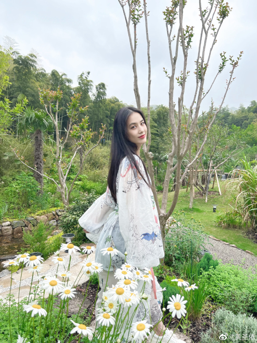 黄圣依晒夏日美照 穿碎花裙回眸笑魅力十足 