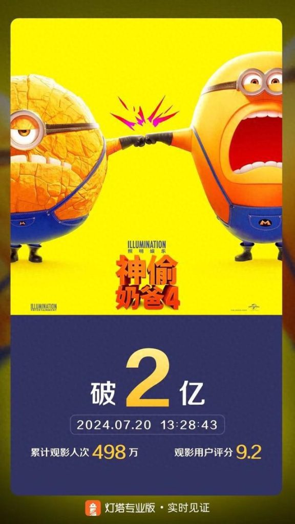 《神偷奶爸4》票房破2亿,位列年度票房榜第23位