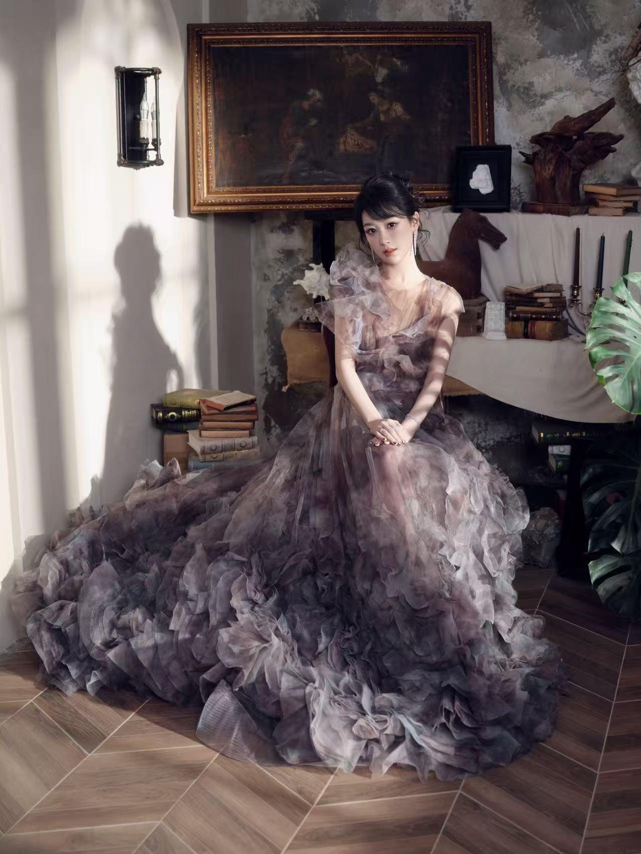 杨紫穿灰紫色晕染薄纱化身复古油画女郎
