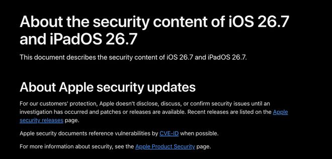 苹果iOS / iPadOS 26.7正式版发布：修复安全问题